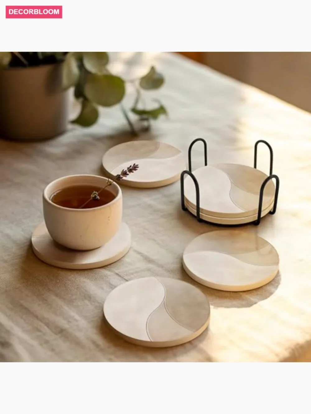 Absorbent Ceramic Coasters Set of 6 – Non-Slip Cork Backing, Stone Drink